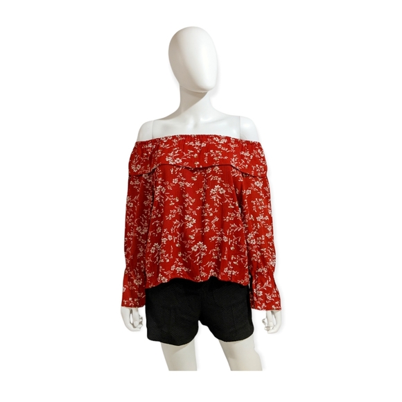 New Trend Off-Shoulder Long Sleeve Floral Top Dark Red - Picture 6 of 12